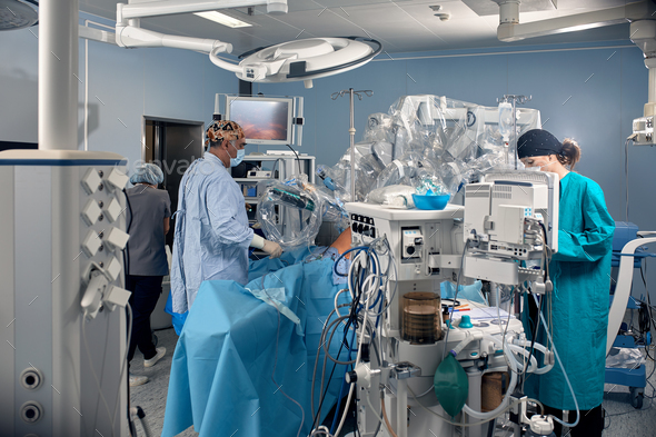 Surgical system with minimally invasive robot in a hospital. Robotic technological equipment
