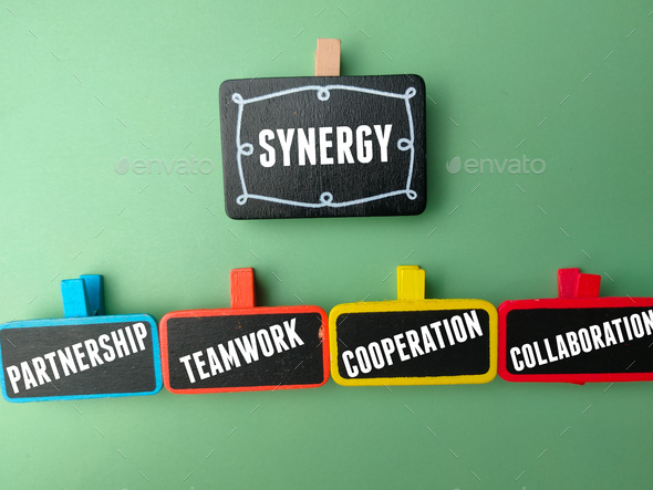 Synergy flow chart made of stickers showing words partnership, teamwork, collaboration, cooperation - Stock Photo - Images