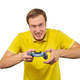 Funny handsome gamer with gamepad, excited video game player isolated on white background - PhotoDune Item for Sale