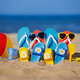 Family flip-flops, beach ball and snorkel on the sand. Summer vacation concept - PhotoDune Item for Sale