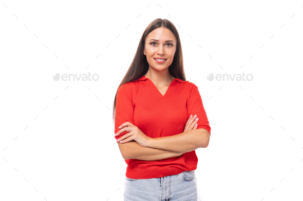 beautiful brunette woman in a red stylish v-neck blouse on a white background with copy space - Stock Photo - Images