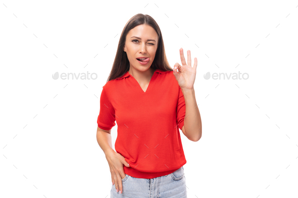 pretty caucasian woman with black hair wearing red blouse with v-neck isolated on white background - Stock Photo - Images