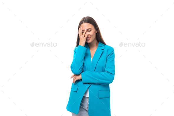 young brunette model woman dressed in a stylish business jacket is in confusion - Stock Photo - Images
