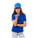 slender pretty young caucasian brunette advertiser woman in blank blue t-shirt and cap for print - PhotoDune Item for Sale
