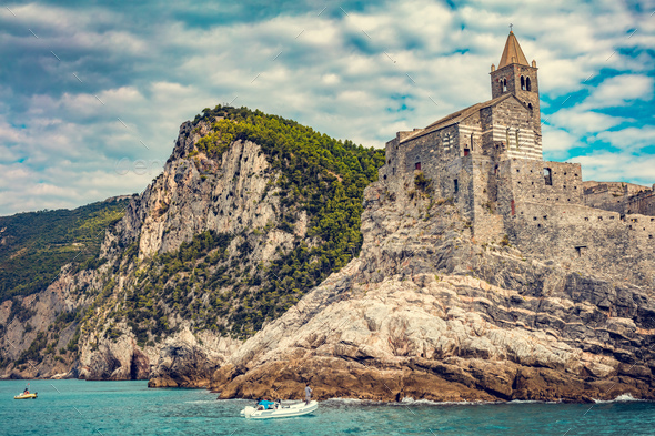 Porto Venere, Italy with church of St. Peter on cliff. - Stock Photo - Images