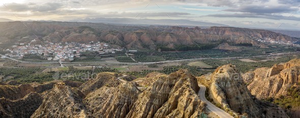 Tabernas desert panoramic landscape from "Fin del Mundo" viewpoint, Spain - Stock Photo - Images