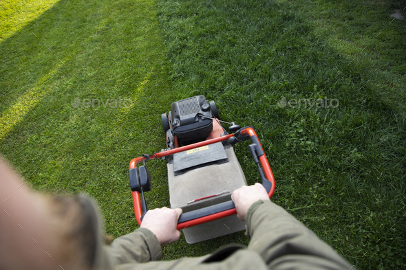 Lawn mover on green grass. Machine for cutting lawns. - Stock Photo - Images