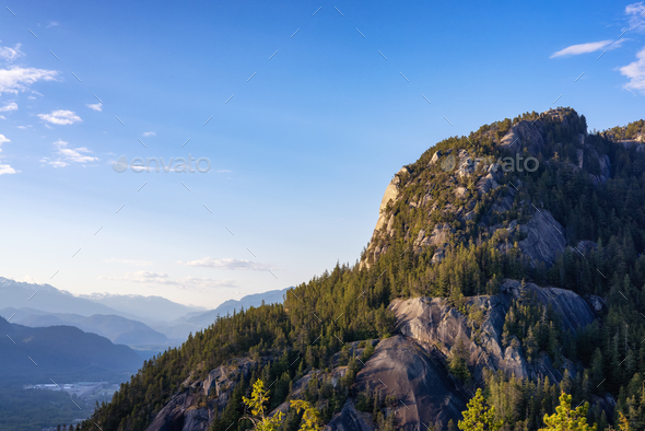 Rocky Mountain Cliffs and green trees in Canadian Nature Landscape. - Stock Photo - Images