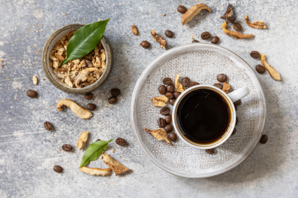 Healthy organic energizing adaptogen, trendy drink. Mushroom coffee. - Stock Photo - Images
