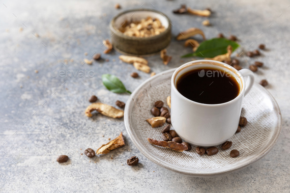 Healthy organic energizing adaptogen, trendy drink. Mushroom coffee.