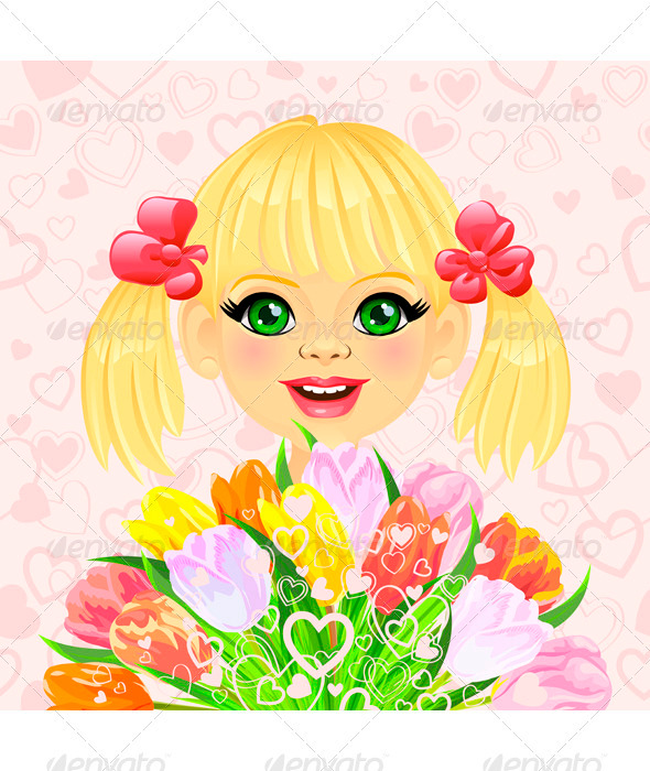 Vector pretty Girl with festive bouquet of Flowers - Valentines Seasons/Holidays