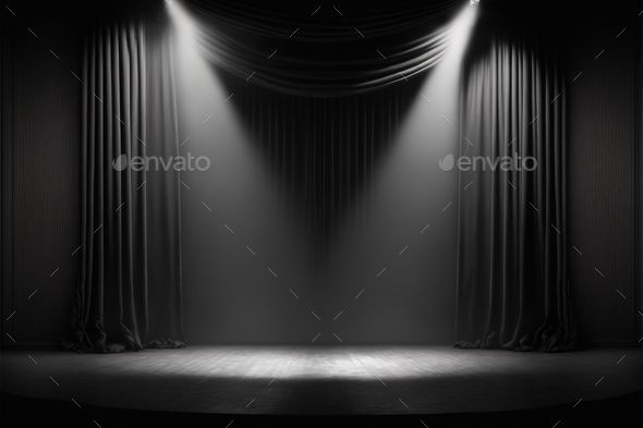 Golden stage view with a loop light and gray curtains