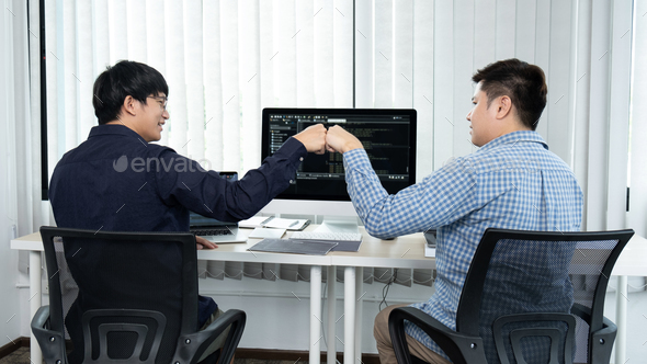 Team of two programmers working on website projects in software development and making a fist-bump