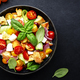 Panzanella salad with stale bread, colorful tomatoes, mozzarella, onion, olive oil and green basil - PhotoDune Item for Sale
