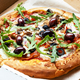 Hot Pizza in box with salami sausage, mozzarella cheese, mushrooms, olives, tomato sauce and arugula - PhotoDune Item for Sale