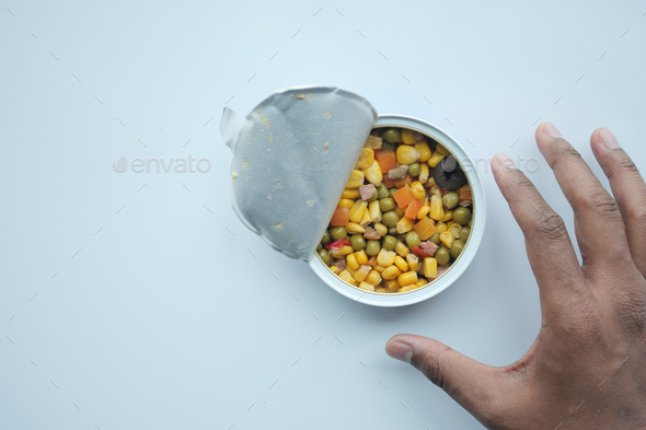 close up of corn, carrot and beans in a preserved tin container  - Stock Photo - Images
