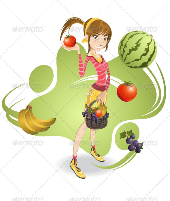 Smiling pretty girl holding basket full of fruits - Characters Vectors