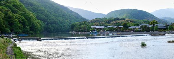 Landscape of Katsura River from Togetsukyo Bridge in Arashiyama, Kyoto, Japan. - Stock Photo - Images