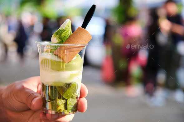 Matcha Baumkuchen ice cream sundae in Arashiyama, Kyoto, Japan. - Stock Photo - Images
