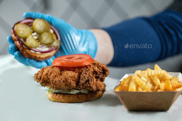 Fried Chicken with Various Toppings, Condiments and French fries - Stock Photo - Images