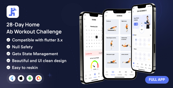 28-Day Home Ab Workout Challenge in Flutter Full app with admob ads | Android, ios app