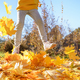 Girl kid jumping on trampoline with autumn leaves. Bright yellow orange maple foliage. Child  - PhotoDune Item for Sale