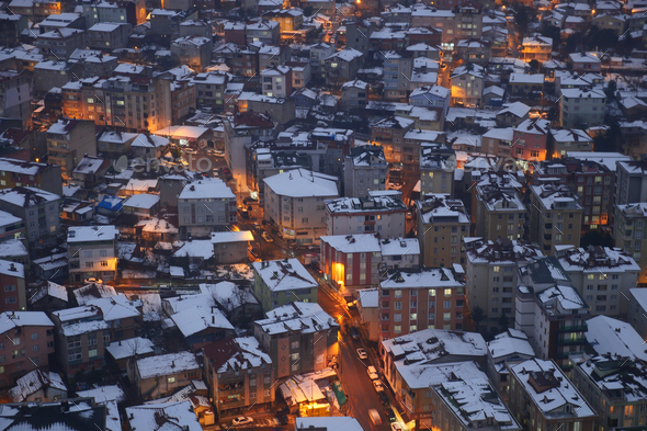 top view of Snow cityscape in istanbul at night  - Stock Photo - Images