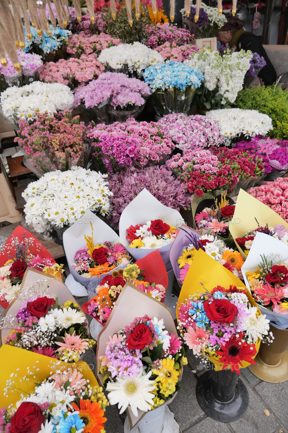 flower shop in istanbul, flower display for selling at street shop , - Stock Photo - Images