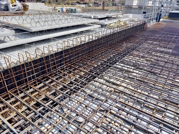 Concrete reinforcement steel foundation in a construction site Stock ...