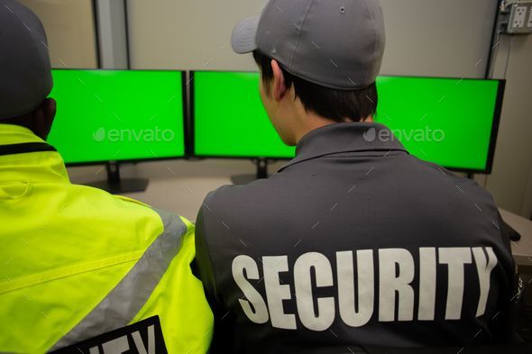 Security team watching over CCTV surveillance monitors.