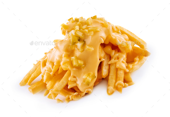 Pouring cheese sauce on french fries on white background