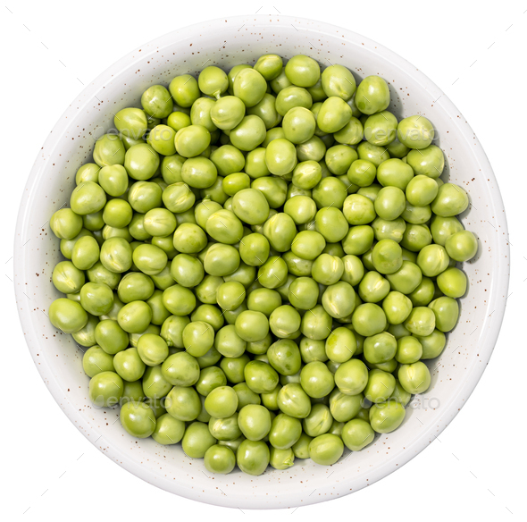 Fresh green peas in bowl isolated on white background. Top view - Stock Photo - Images