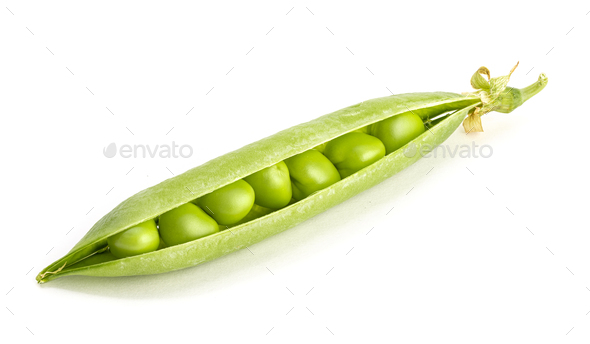 Fresh ripe green pea open pod with seeds isolated on white background - Stock Photo - Images