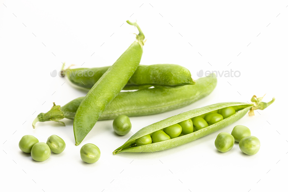 Group of Fresh ripe green pea pod with seeds isolated on white background - Stock Photo - Images