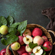 Basket of ripe apples on a stone table. View from above. Copy space. - PhotoDune Item for Sale