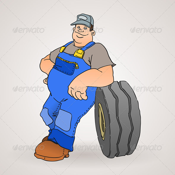 Car Mechanic with Tyre - People Characters