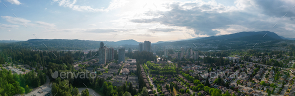 Aerial Panoramic View of Coquitlam Town Centre and Residential Homes - Stock Photo - Images