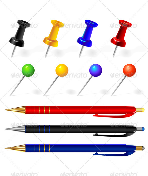 Vector set of pens and pins different colors