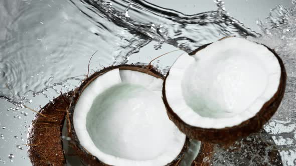 Super Slow Motion Shot of Flying Fresh Coconuts and Water Side Splash at 1000Fps. alt