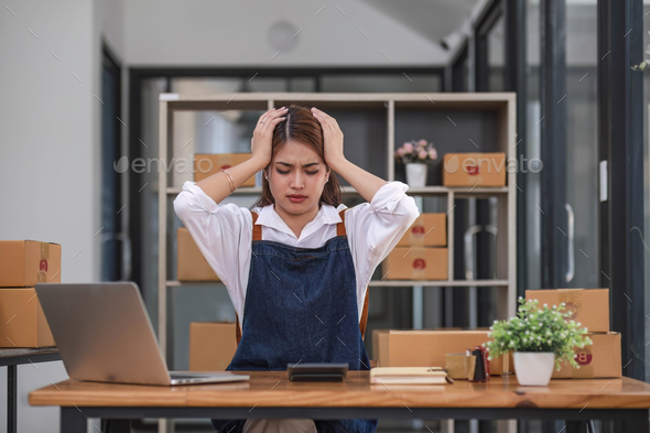 Small Business, Startup SME, Owner Entrepreneurs. Asian woman with unsuccess business online - Stock Photo - Images