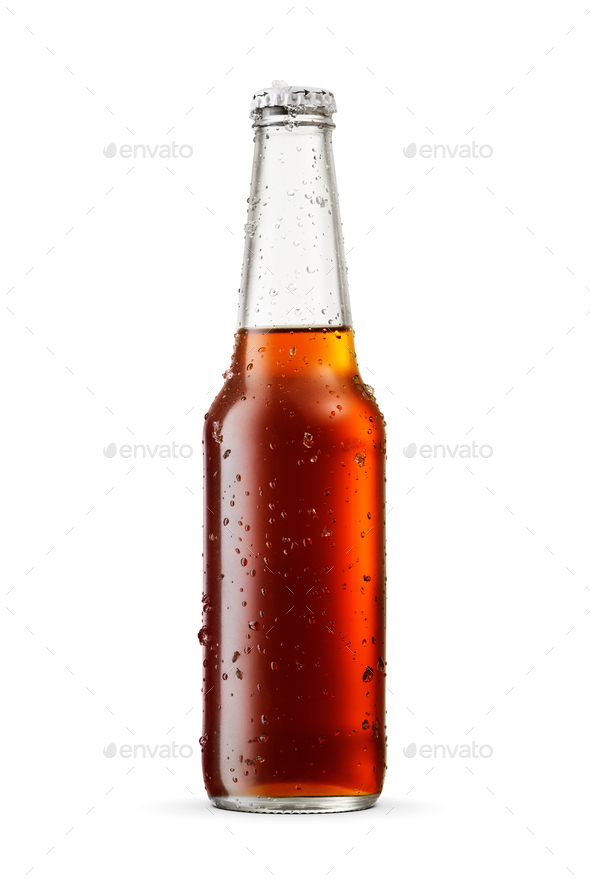 Closed wet glass bottle with soft drink cola or soda isolated on white