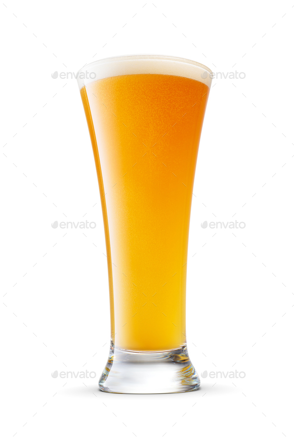 Pilsner glass of fresh yellow wheat unfiltered beer with cap of foam isolated on white. - Stock Photo - Images