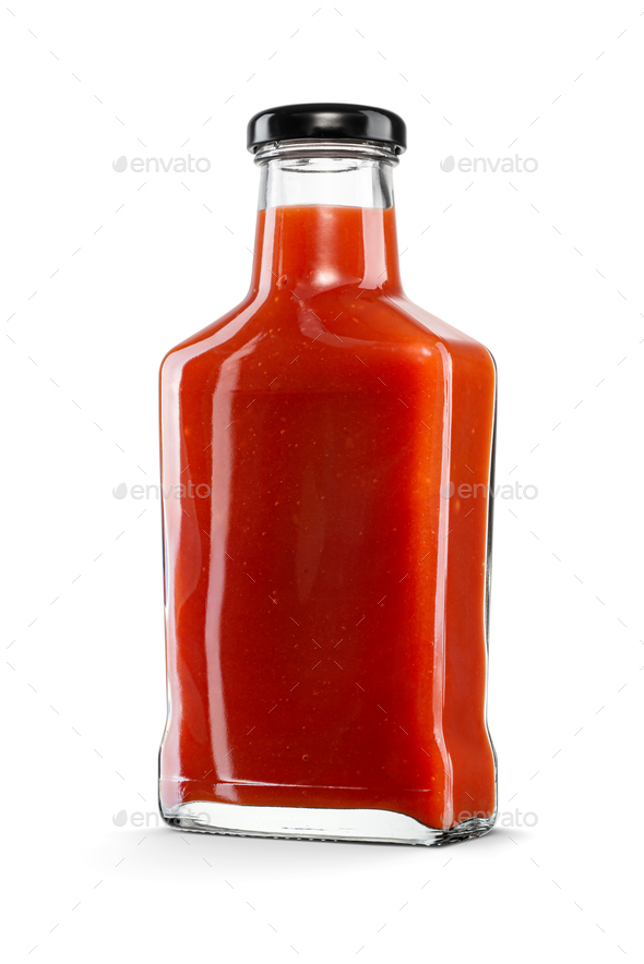 Glass bottle of red tomato ketchup with twist off screw cap isolated on white with clipping path. - Stock Photo - Images