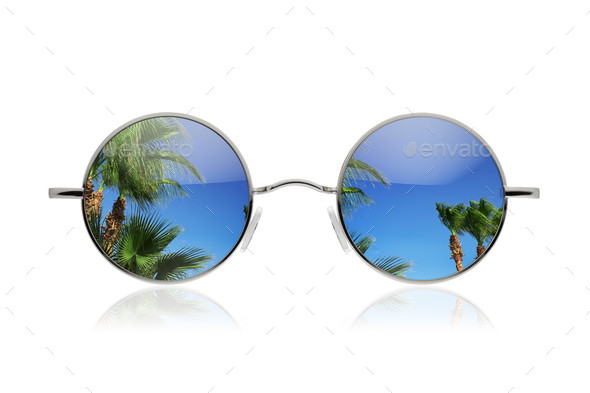 Old fashion round sunglasses with palms and blue sky reflection. Isolated on white background. - Stock Photo - Images