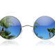 Old fashion round sunglasses with palms and blue sky reflection. Isolated on white background. - PhotoDune Item for Sale