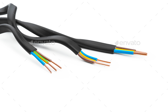 Electric screened cable with many wires isolated on white