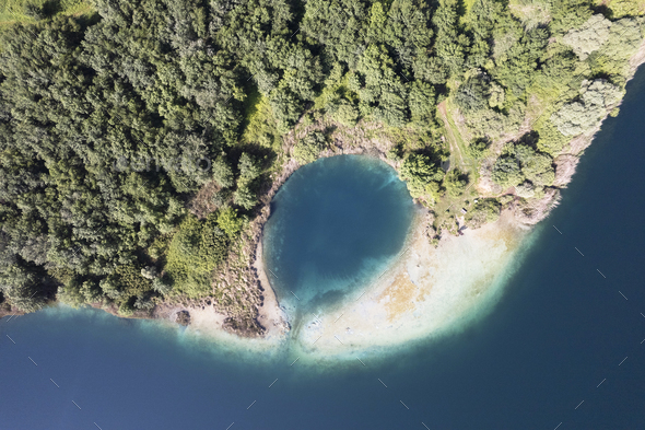 Particular aerial view of the Accesa lake Grosseto - Stock Photo - Images