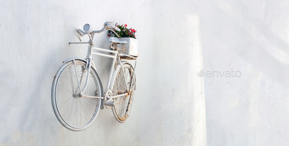 Mallow in pot at white rusty bike on white empty wall background. Greece Cyclades island. Copy space - Stock Photo - Images