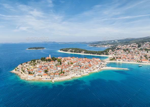 Scenic town and beaches of Primosten in Croatia - Stock Photo - Images