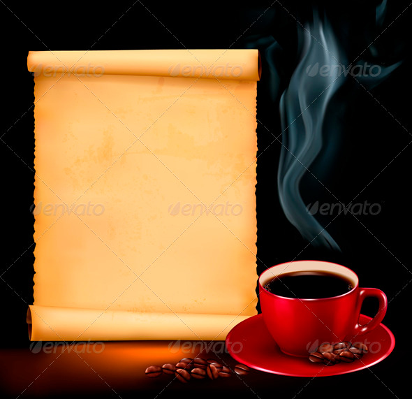 Background with cup of coffee and old paper - Food Objects